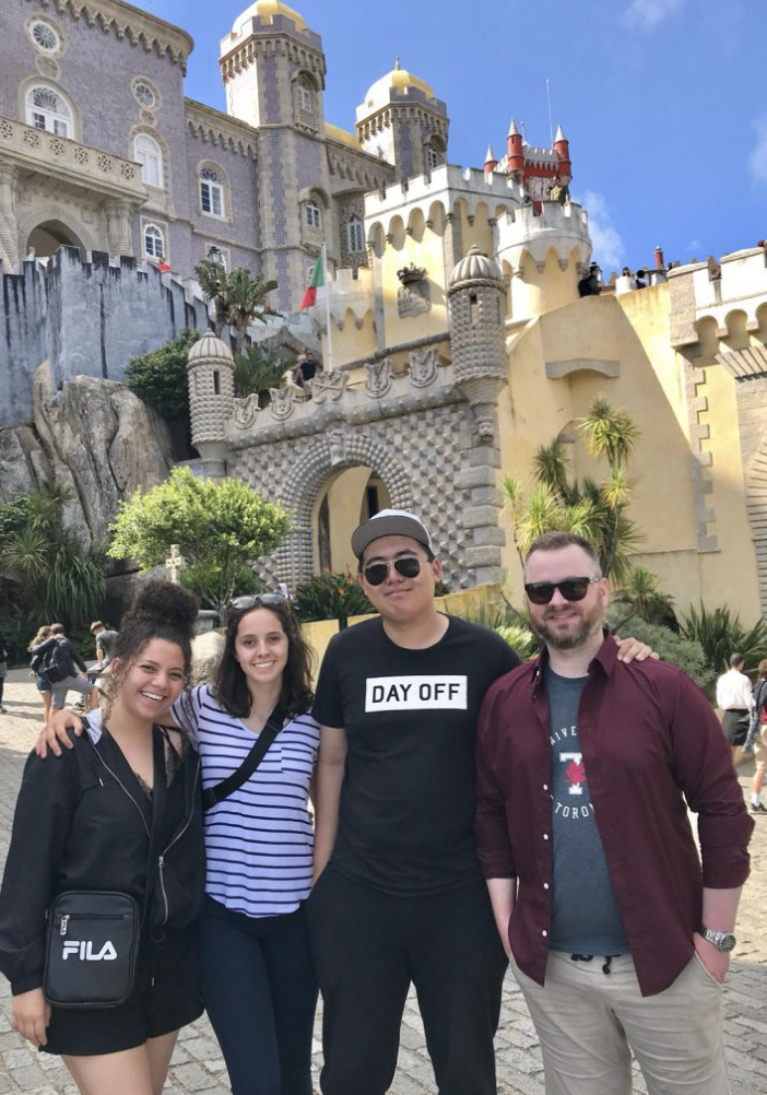 Four students in front of the Pena Palace in Sintra 