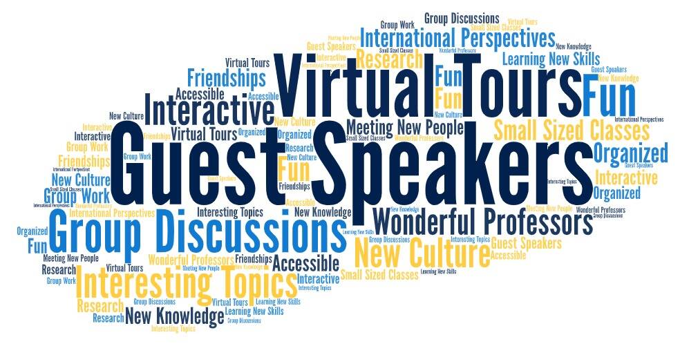 Word art graphic displaying common words from student survey about their virtual Summer Abroad experience.