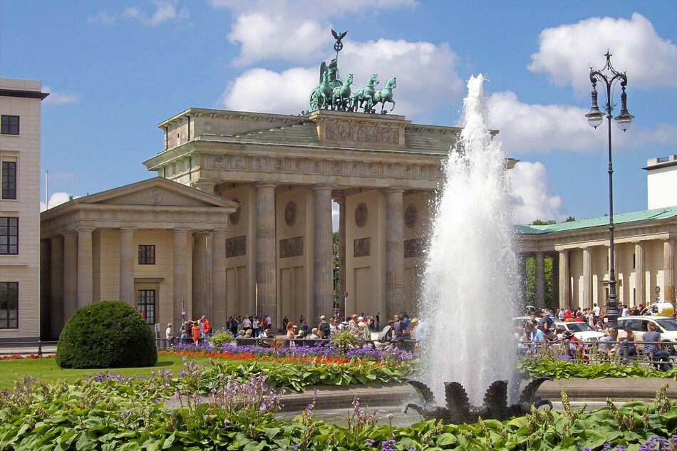 View from the Deutsch Bank building of the Brandenburg Gateountains of Pariser Platz.