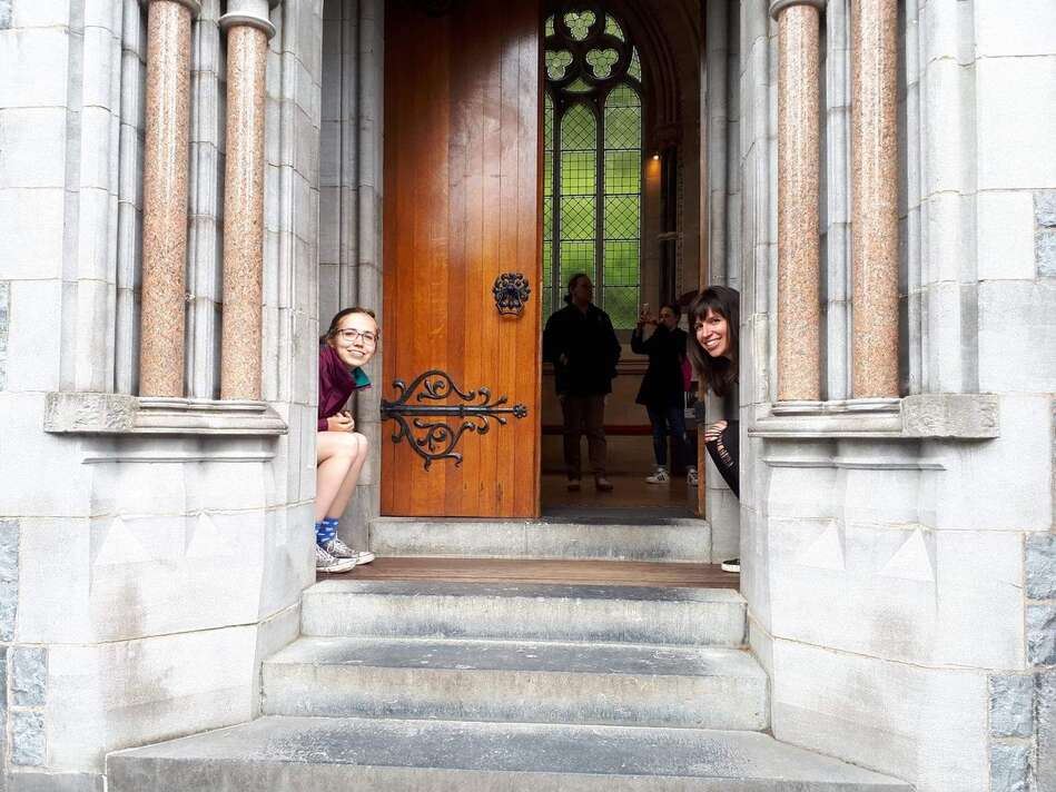 Two students by a door, Kylemore Abbey