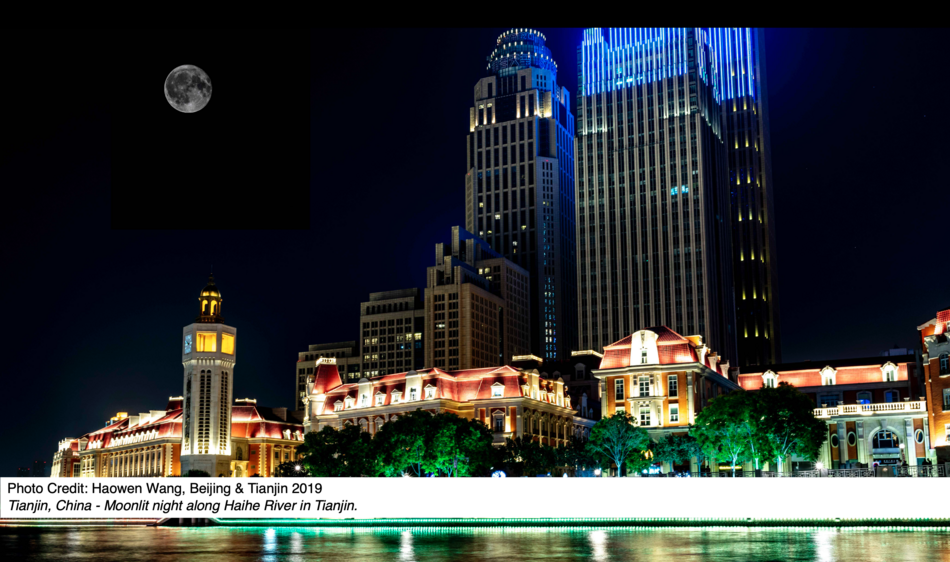 Tianjin, China - Moonlit night along Haihe River in Tianjin.