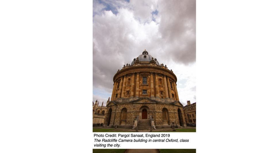 The Radcliffe Camera building in central Oxford, class visiting the city.