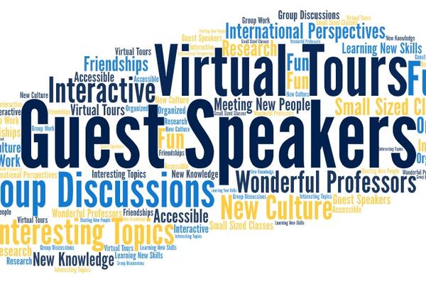 Word art graphic displaying common words from student survey about their virtual Summer Abroad experience.