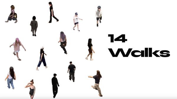 Students walking on a white background beside the title "14 Walks"